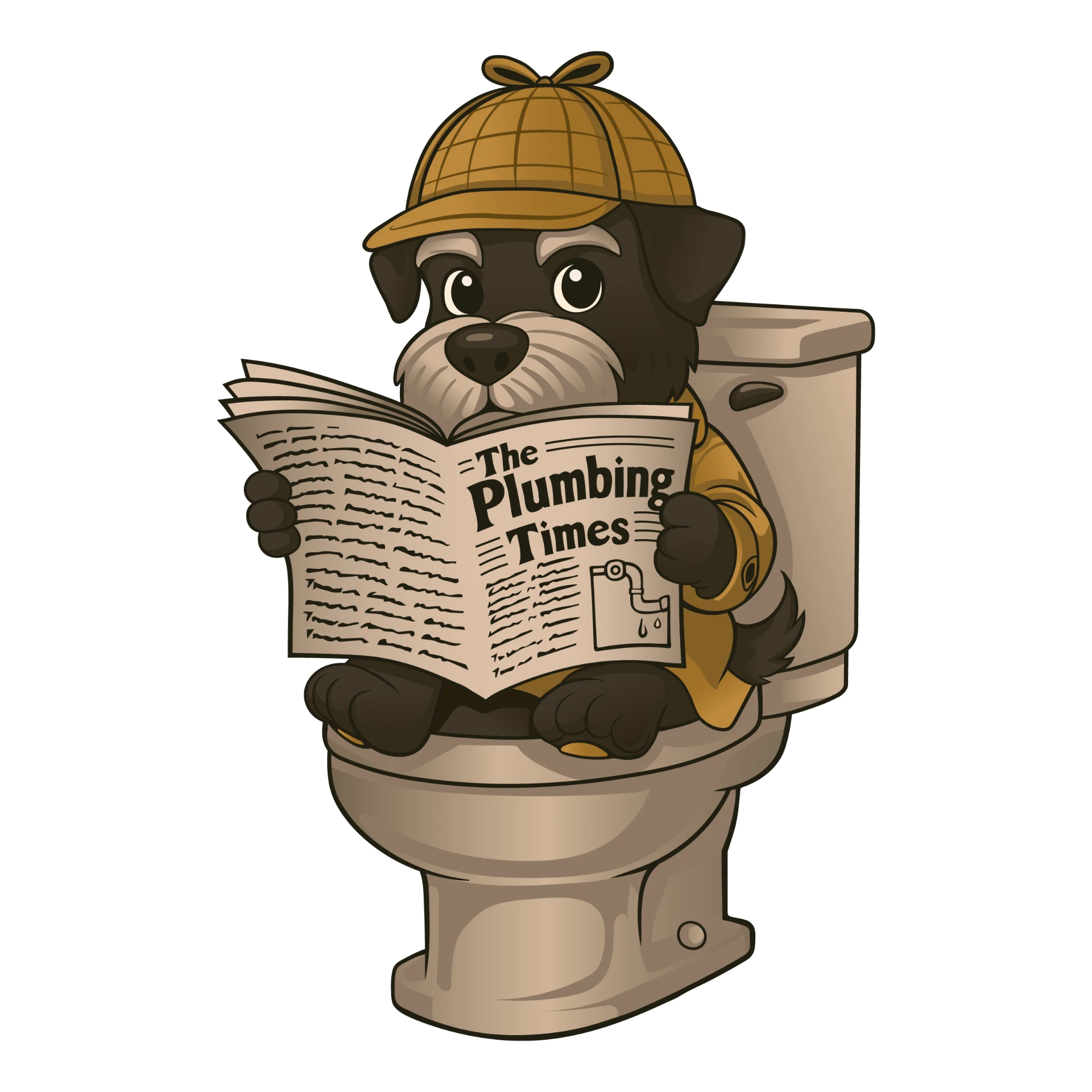 Plumbing Detectives mascot reading The Plumbing Times on a toilet