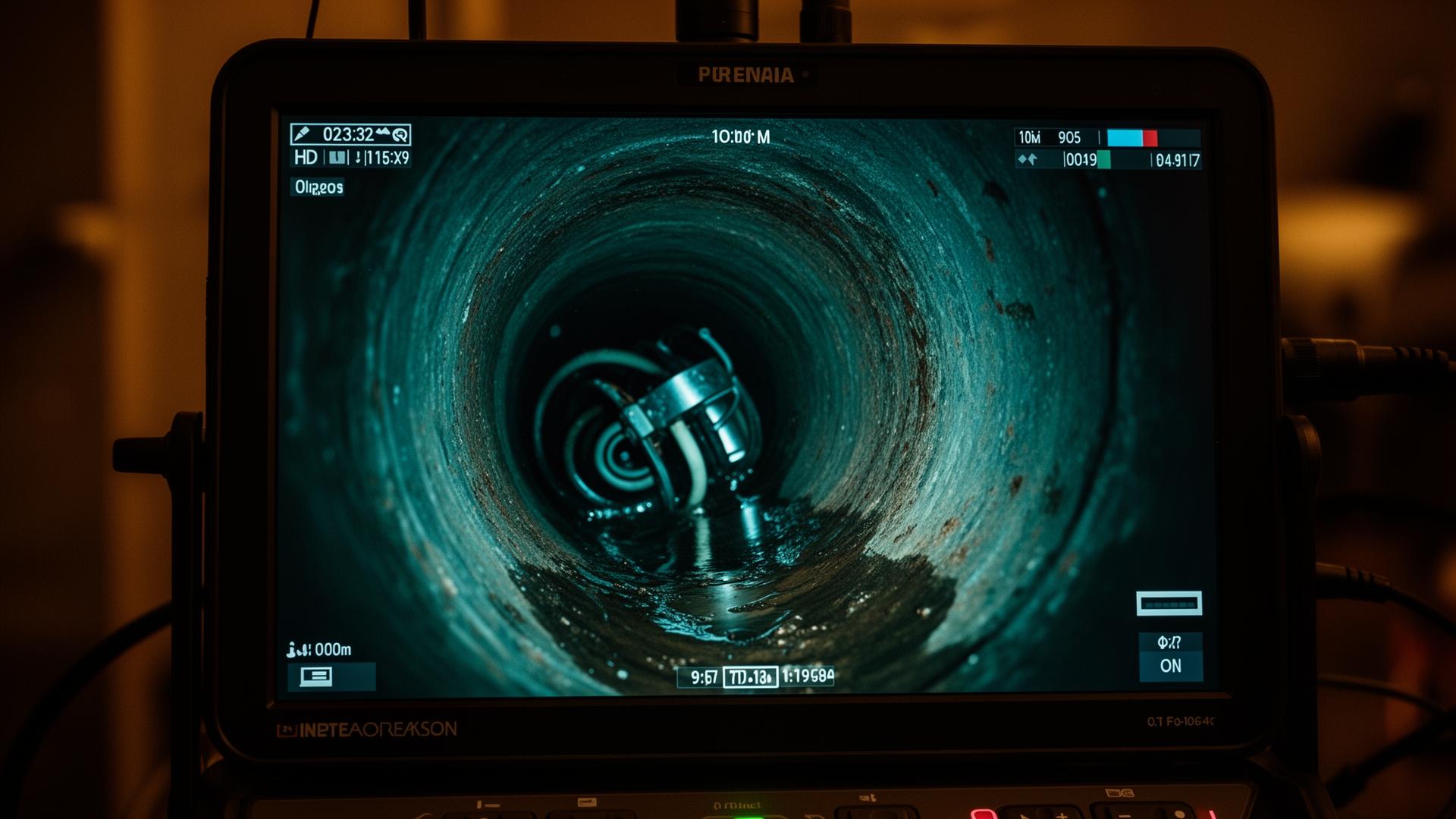 HD sewer camera monitor showing the inside of a sewer pipe during inspection
